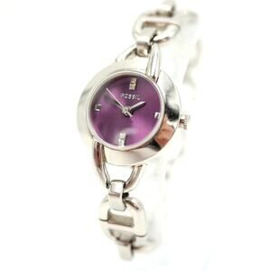 Fossil Womens Silver Tone 23mm Purple Round Watch Bracelet ES2428 w New Battery